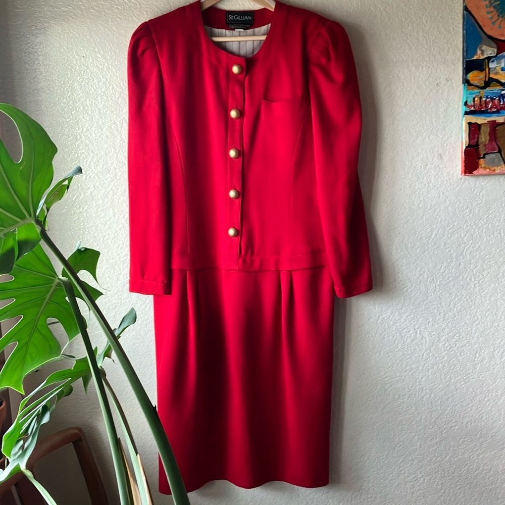 St. Gillian 100% Wool Red w. Gold Buttons Drop Waist Dress womens 12